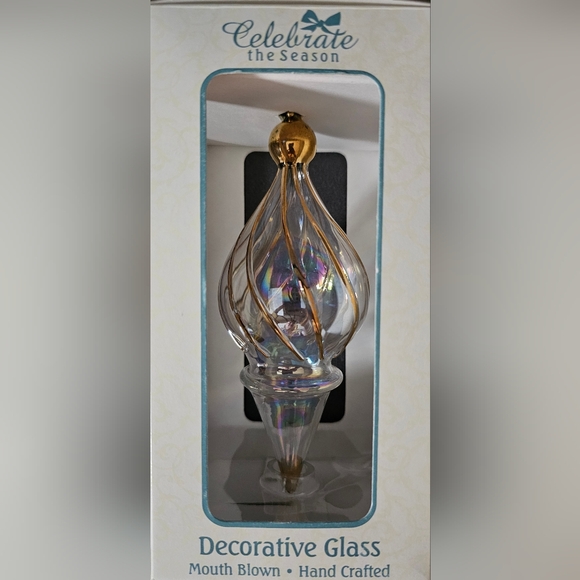 Clear Iridescent and Gold 6.5" Mouth Blown Glass Christmas Holiday Tree Ornament - Picture 1 of 3